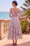 Lilac V-Neck A Line Floral Midi Wedding Guest Dress