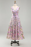 Lilac V-Neck A Line Floral Midi Wedding Guest Dress
