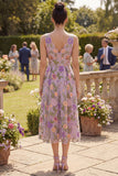 Lilac V-Neck A Line Floral Midi Wedding Guest Dress