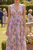 Lilac V-Neck A Line Floral Midi Wedding Guest Dress