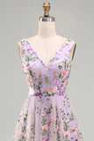 Lilac V-Neck A Line Floral Midi Wedding Guest Dress