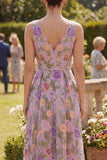 Lilac V-Neck A Line Floral Midi Wedding Guest Dress