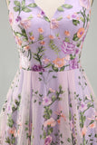 Lilac V-Neck A Line Floral Midi Wedding Guest Dress
