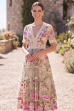 Floral Blush A Line V-Neck Midi Wedding Guest Dress with Short Sleeves