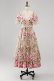 Floral Blush A Line V-Neck Midi Wedding Guest Dress with Short Sleeves