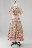Floral Blush A Line V-Neck Midi Wedding Guest Dress with Short Sleeves