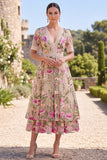 Floral Blush A Line V-Neck Midi Wedding Guest Dress with Short Sleeves