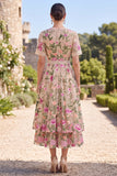 Floral Blush A Line V-Neck Midi Wedding Guest Dress with Short Sleeves