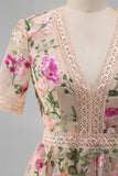 Floral Blush A Line V-Neck Midi Wedding Guest Dress with Short Sleeves