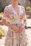 Floral Blush A Line V-Neck Midi Wedding Guest Dress with Short Sleeves