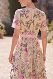 Floral Blush A Line V-Neck Midi Wedding Guest Dress with Short Sleeves