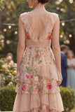 Floral Tiered Blush V-Neck Wedding Guest Dress