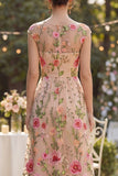 A Line Bateau Neck Blush Floral Wedding Guest Dress