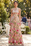 High Neck Floral Blush A Line Wedding Guest Dress