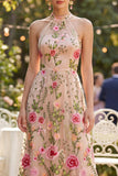 High Neck Floral Blush A Line Wedding Guest Dress