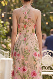 High Neck Floral Blush A Line Wedding Guest Dress