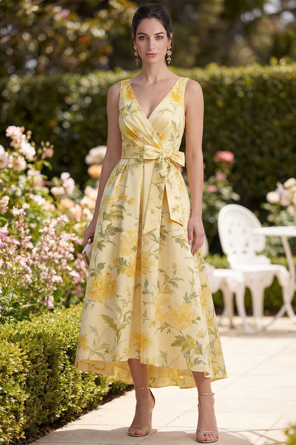 Wedtrend Women Yellow Wedding Guest Dress with Sash V-Neck Floral A Line Ruched Midi Party Dress, Yellow / US22W