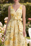 Yellow V-Neck A Line Floral Wedding Guest Dress with Sash
