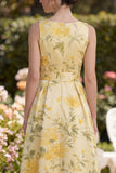 Yellow V-Neck A Line Floral Wedding Guest Dress with Sash