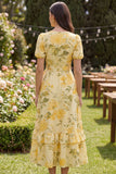Floral V-Neck Yellow Ruffled Wedding Guest Dress with Sash