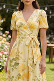 Floral V-Neck Yellow Ruffled Wedding Guest Dress with Sash