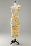 Sheath Floral One Shoulder Yellow Wedding Guest Dress with Slit