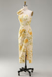 Sheath Floral One Shoulder Yellow Wedding Guest Dress with Slit