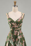 Floral Spaghetti Straps Ruffled Dark Green Wedding Guest Dress