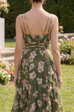 Floral Spaghetti Straps Ruffled Dark Green Wedding Guest Dress