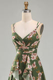 Floral Spaghetti Straps Ruffled Dark Green Wedding Guest Dress