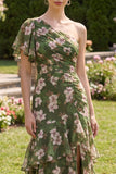 Dark Green Floral One Shoulder Wedding Guest Dress with Flutter Sleeve