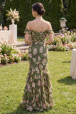 Mermaid Dark Green Off the Shoulder Floral Wedding Guest Dress