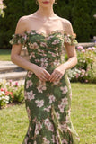 Mermaid Dark Green Off the Shoulder Floral Wedding Guest Dress
