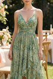 Floral Dusty Green Spaghetti Straps Wedding Guest Dress