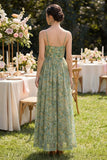 Dusty Green Floral Spaghetti Straps Long Wedding Guest Dress