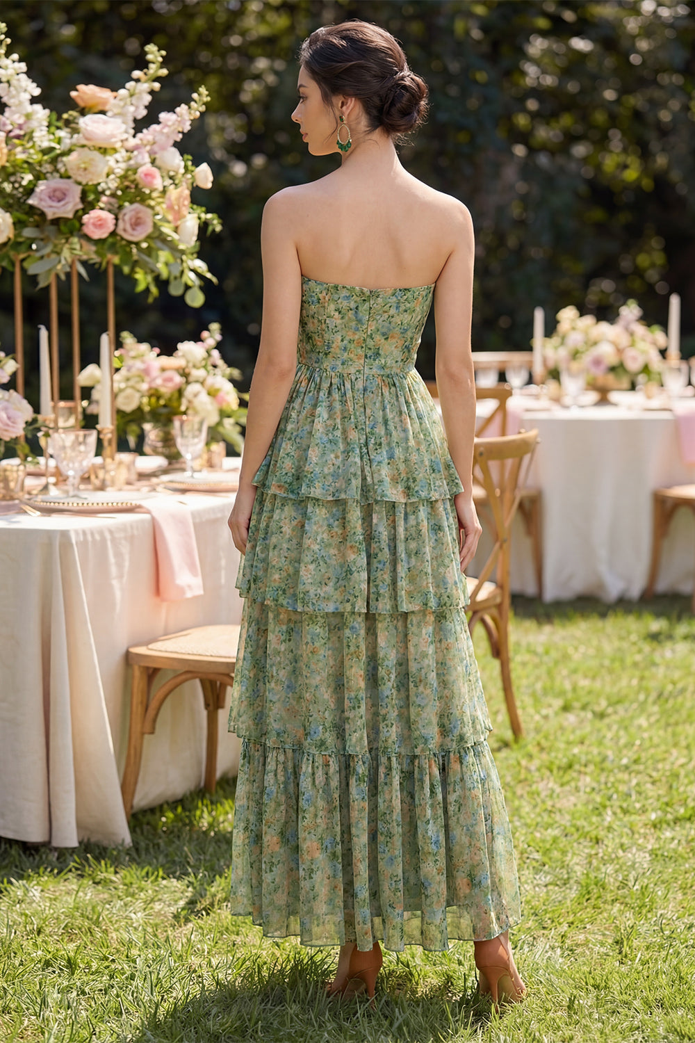 Wedtrend Women Dusty Green Floral Wedding Guest Dress with Slit A Line  Corset Strapless Tiered Ruffled Pleated Long Party Dress – WEDTREND