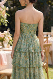 A Line Strapless Dusty Green Floral Wedding Guest Dress with Slit