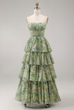 A Line Strapless Dusty Green Floral Wedding Guest Dress with Slit