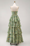 A Line Strapless Dusty Green Floral Wedding Guest Dress with Slit