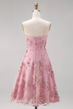 Strapless Pink Floral Applique A Line Wedding Guest Dress