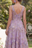 Floral Lilac A Line V Neck Midi Wedding Guest Dress