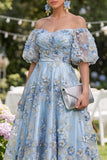 Blue Off the Shoulder Floral Wedding Guest Dress with Puff Sleeves