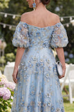 Blue Off the Shoulder Floral Wedding Guest Dress with Puff Sleeves