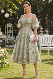 Blue Off the Shoulder Floral Wedding Guest Dress with Puff Sleeves