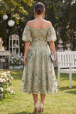 Blue Off the Shoulder Floral Wedding Guest Dress with Puff Sleeves