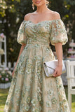 Blue Off the Shoulder Floral Wedding Guest Dress with Puff Sleeves