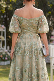 Blue Off the Shoulder Floral Wedding Guest Dress with Puff Sleeves