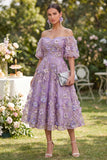Blue Off the Shoulder Floral Wedding Guest Dress with Puff Sleeves