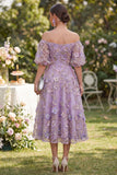 Blue Off the Shoulder Floral Wedding Guest Dress with Puff Sleeves