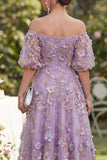 Blue Off the Shoulder Floral Wedding Guest Dress with Puff Sleeves